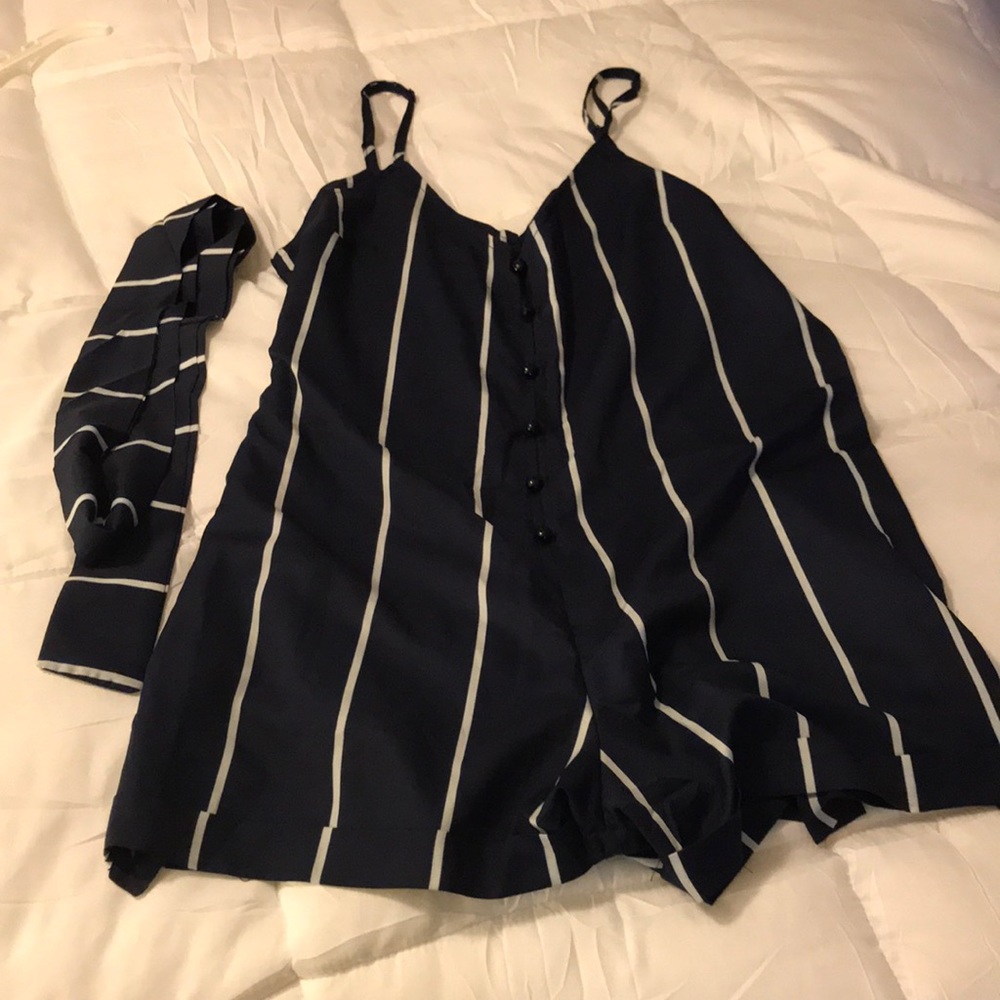 blue and grey romper with tie for around the waist